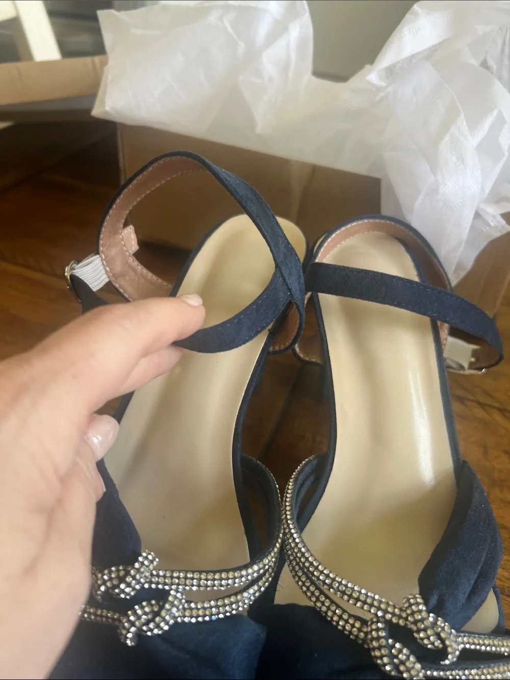 SHEIN Navy Rhinestone Knot Strap Block Heel Sandals Size 9.5 worn once
